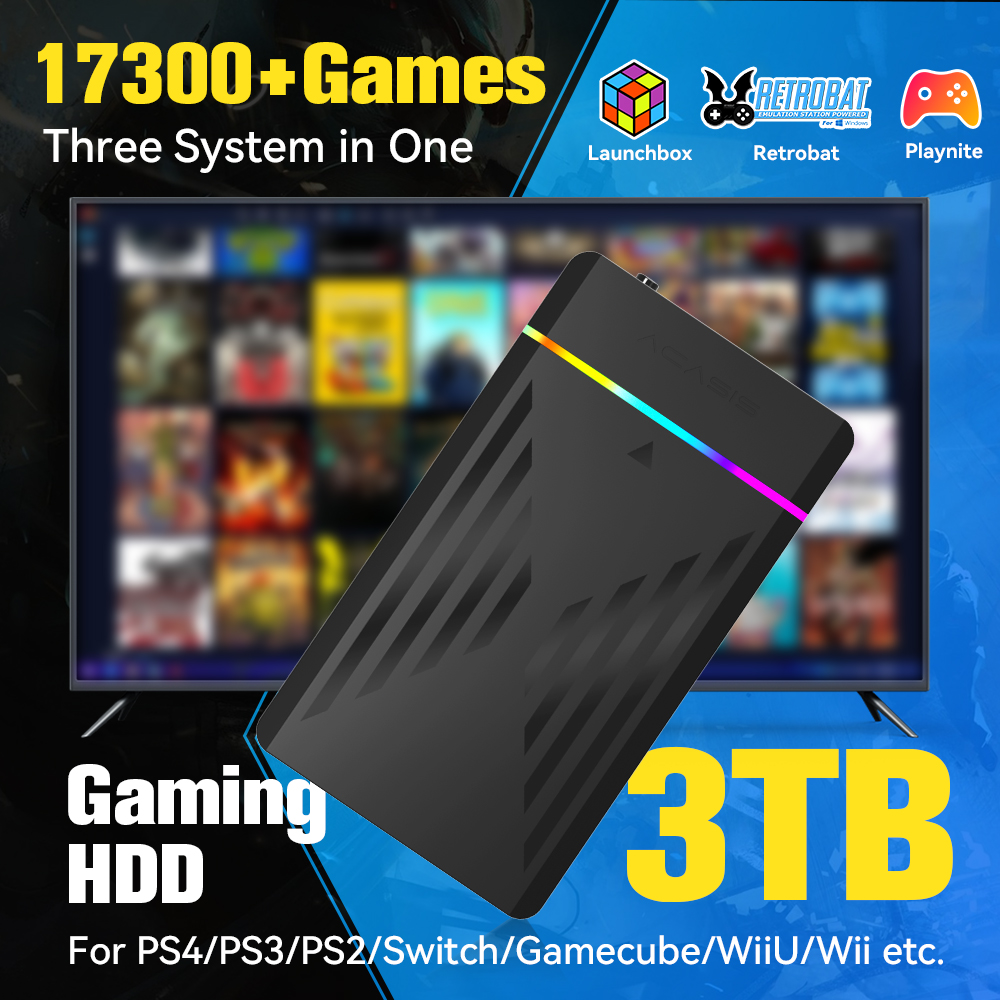Retro Gaming Joystick - 3 TB tragbare Gaming-HDD-LaunchBox/Retrobat/Playnite-Retro-Spielekonsole mit 17300+